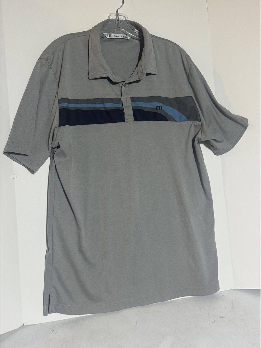 Travis Mathew L performance golf polo gray w/blue stripes